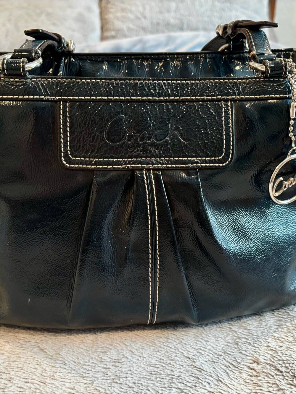 Coach Black Patent Leather Shoulder Bag with Silver Charm